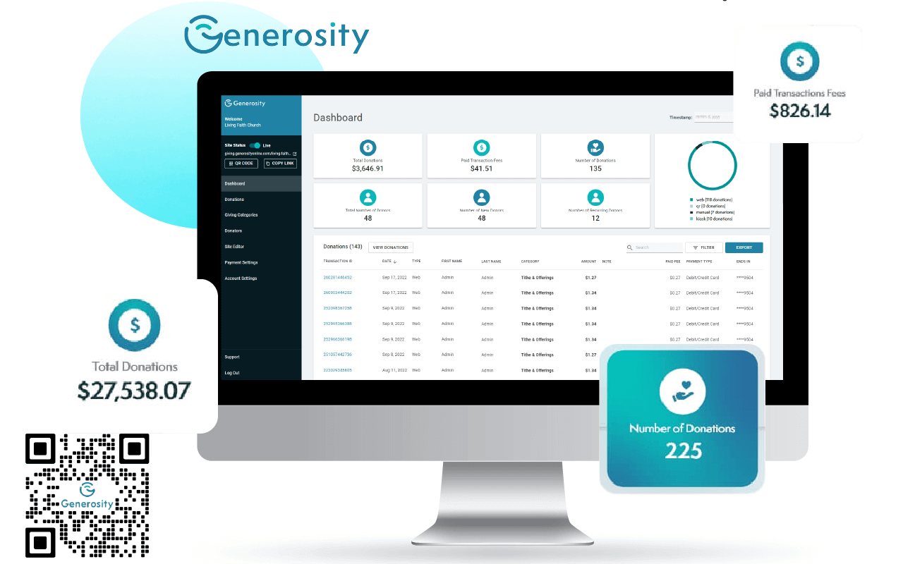 Interactive dashboard of free church donation software showing real-time donation tracking and financial management tools.