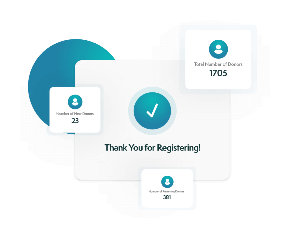 Pop-up message saying 'Thank you for registering' on a church donation software website, with a background gradient from aqua to blue.